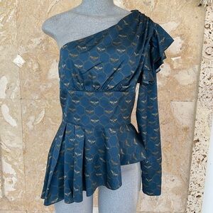 Bebe Blue and Gold One-Shoulder Blouse